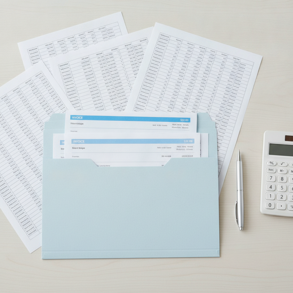 Printed financial spreadsheets and an invoice folder on a desk