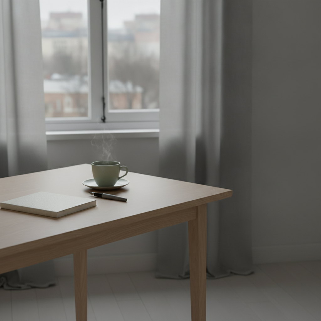 A notebook and cup of tea on a desk beside a window