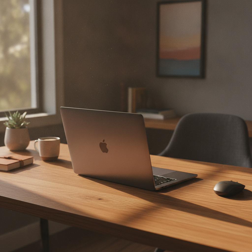 A laptop open on a wooden desk in a home office