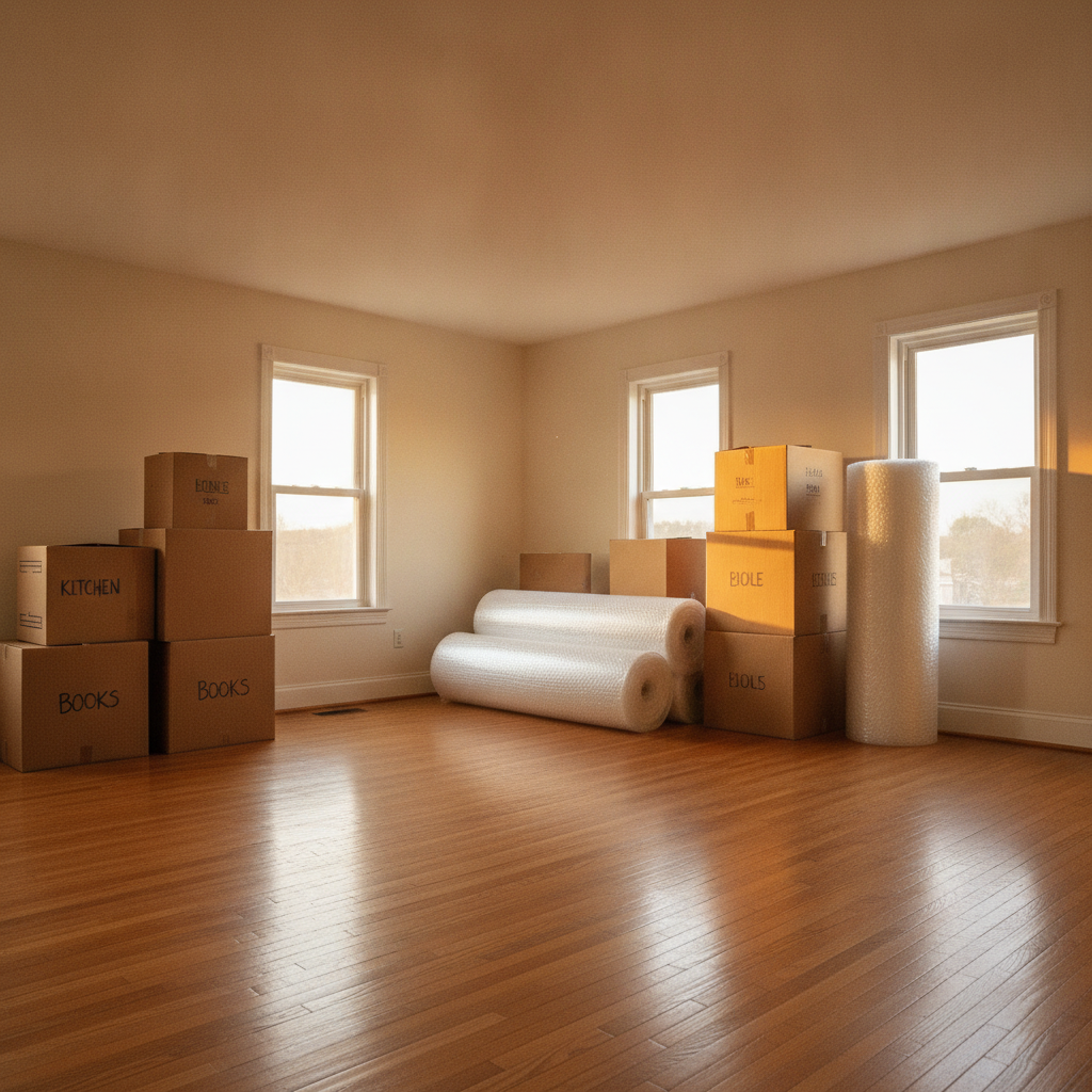 Cardboard moving boxes stacked in an empty living room