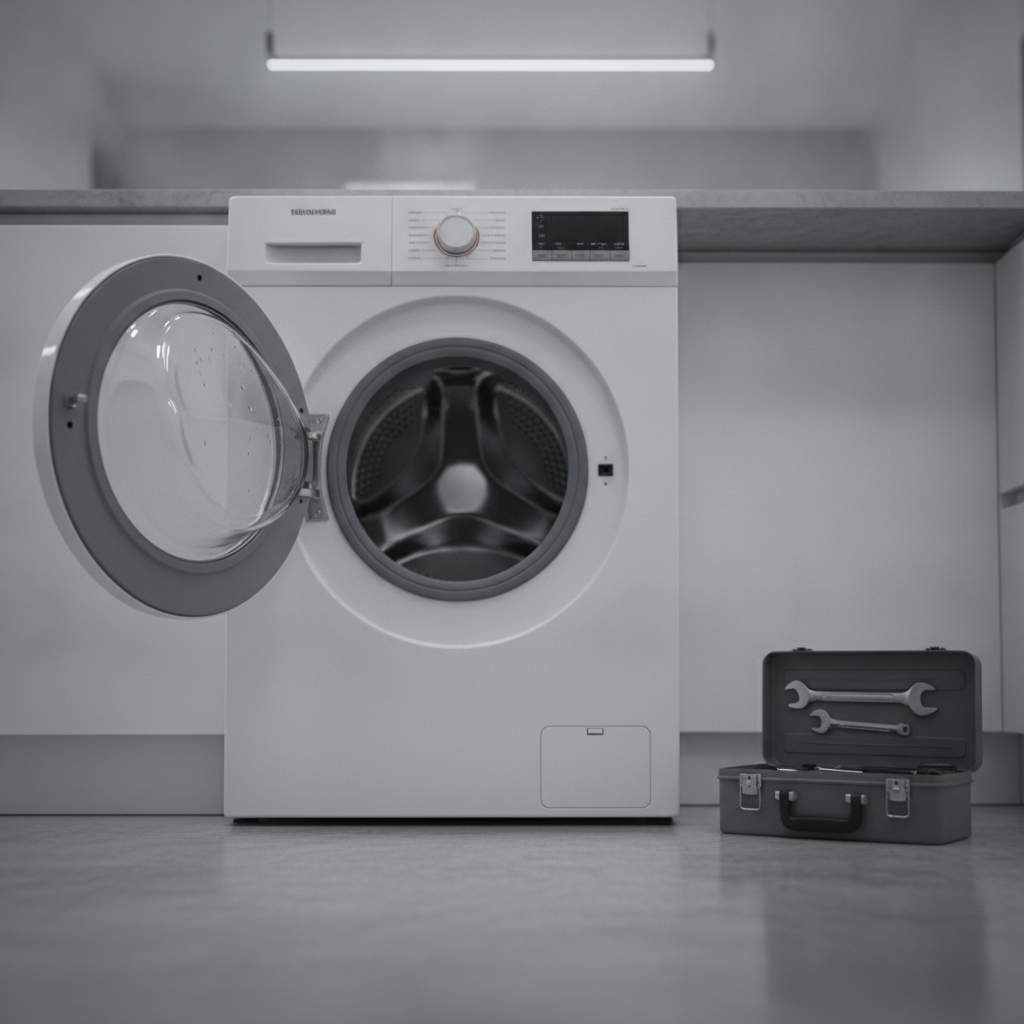 Open washing machine with a toolbox on the kitchen floor