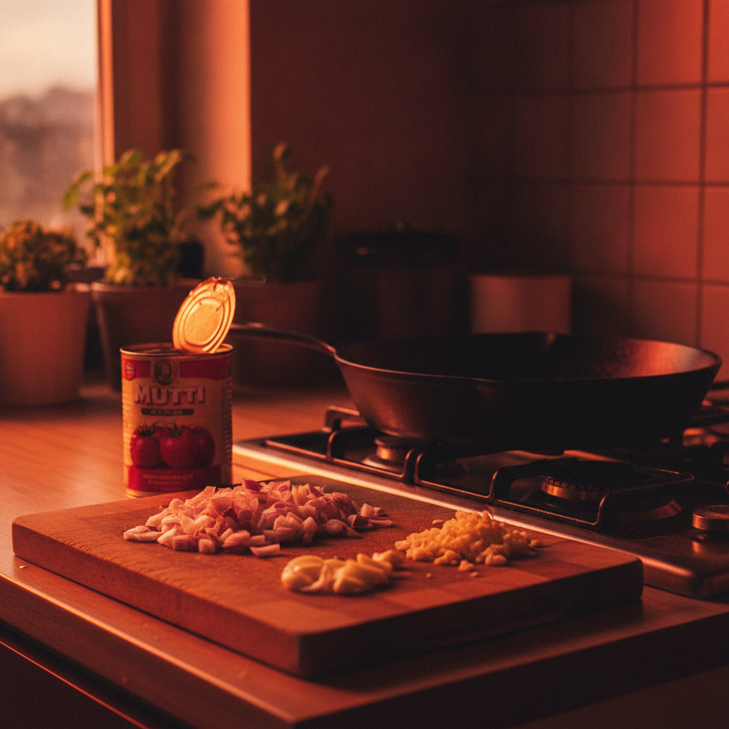 Chopped vegetables and a tin of tomatoes beside a pan on a hob